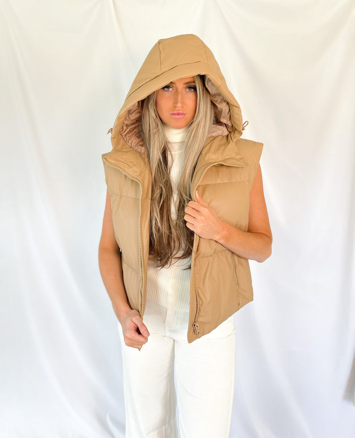 Sucre Camel Puffer Vest with Hood